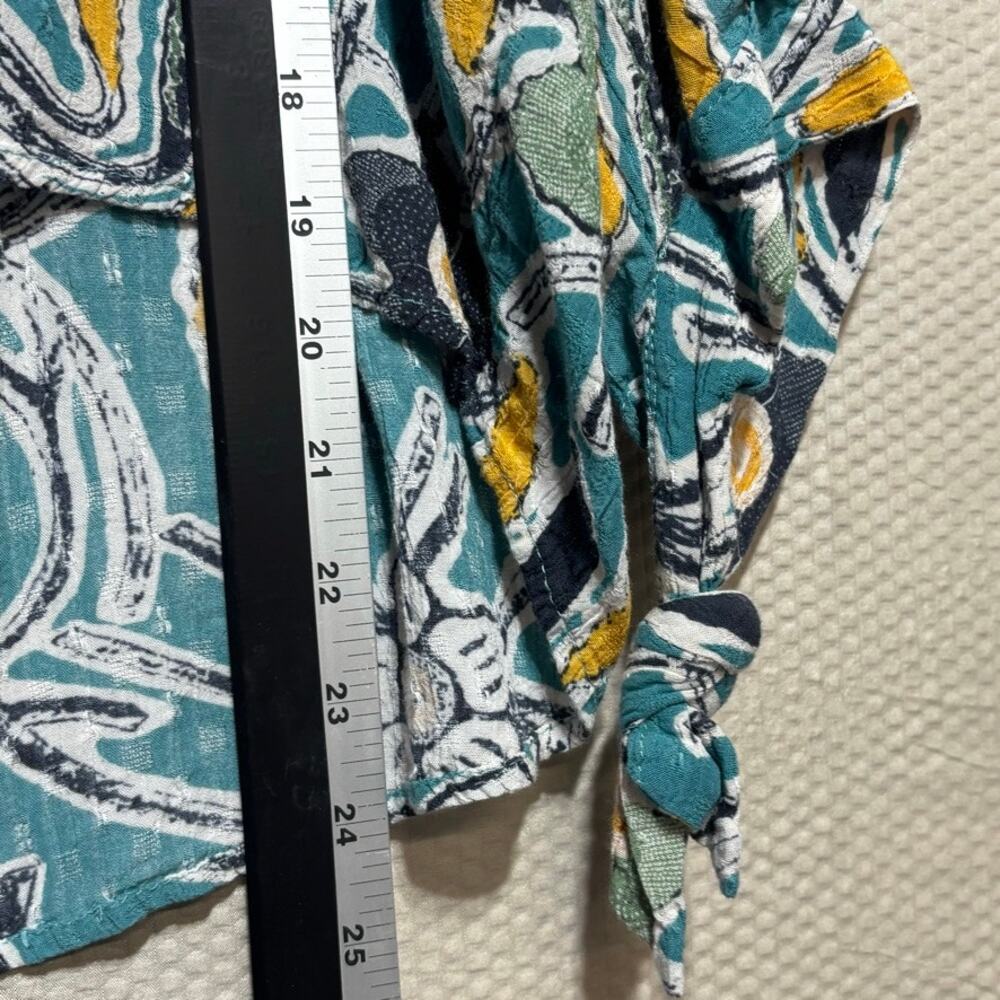 Christian Siriano New York Women's Medium Teal Floral Print Tie Sleeve Blouse - Picture 7 of 8
